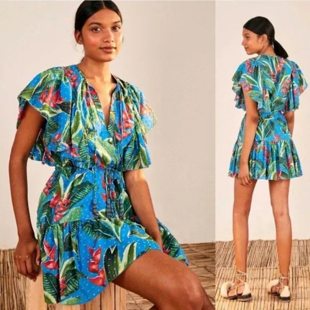 Farm Rio Dress Dream Garden Mini Ruffle Beaded Tassel Swiss-Dot Blue Size S
